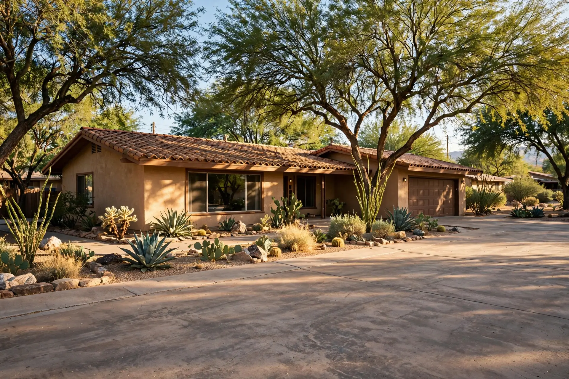 1970s ranch home with tile roof under mature trees in a Litchfield Park city neighborhood