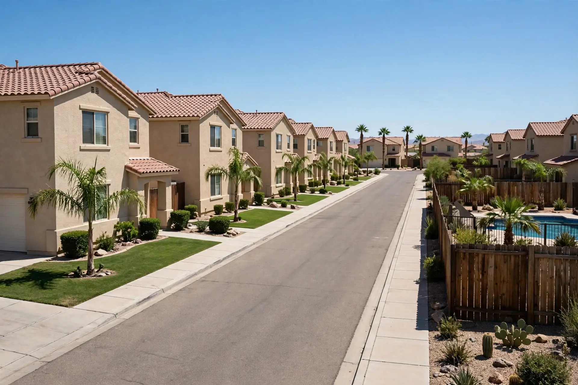 1990s subdivision street with stucco homes and a pool in the Indian School Road area of Litchfield Park