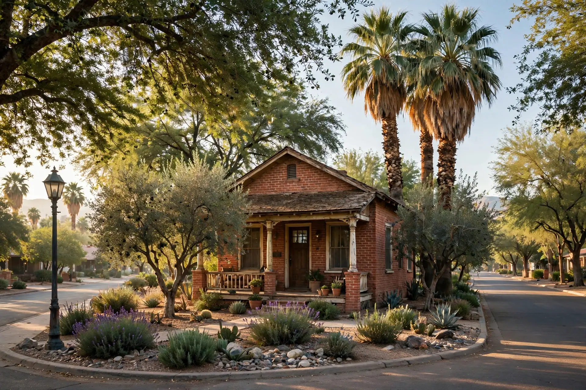 Historic brick bungalow on a tree-shaded street in Old Litchfield Park, Arizona