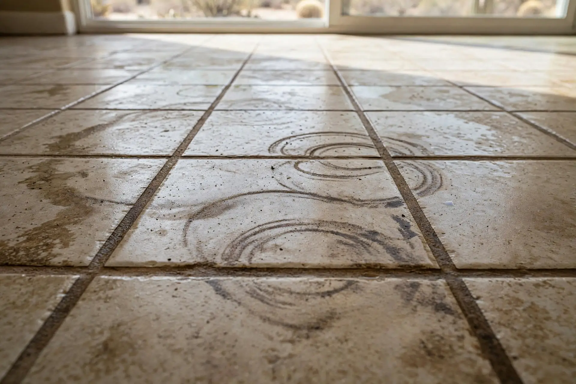 Damp, water-stained tile floor, a common slab leak sign