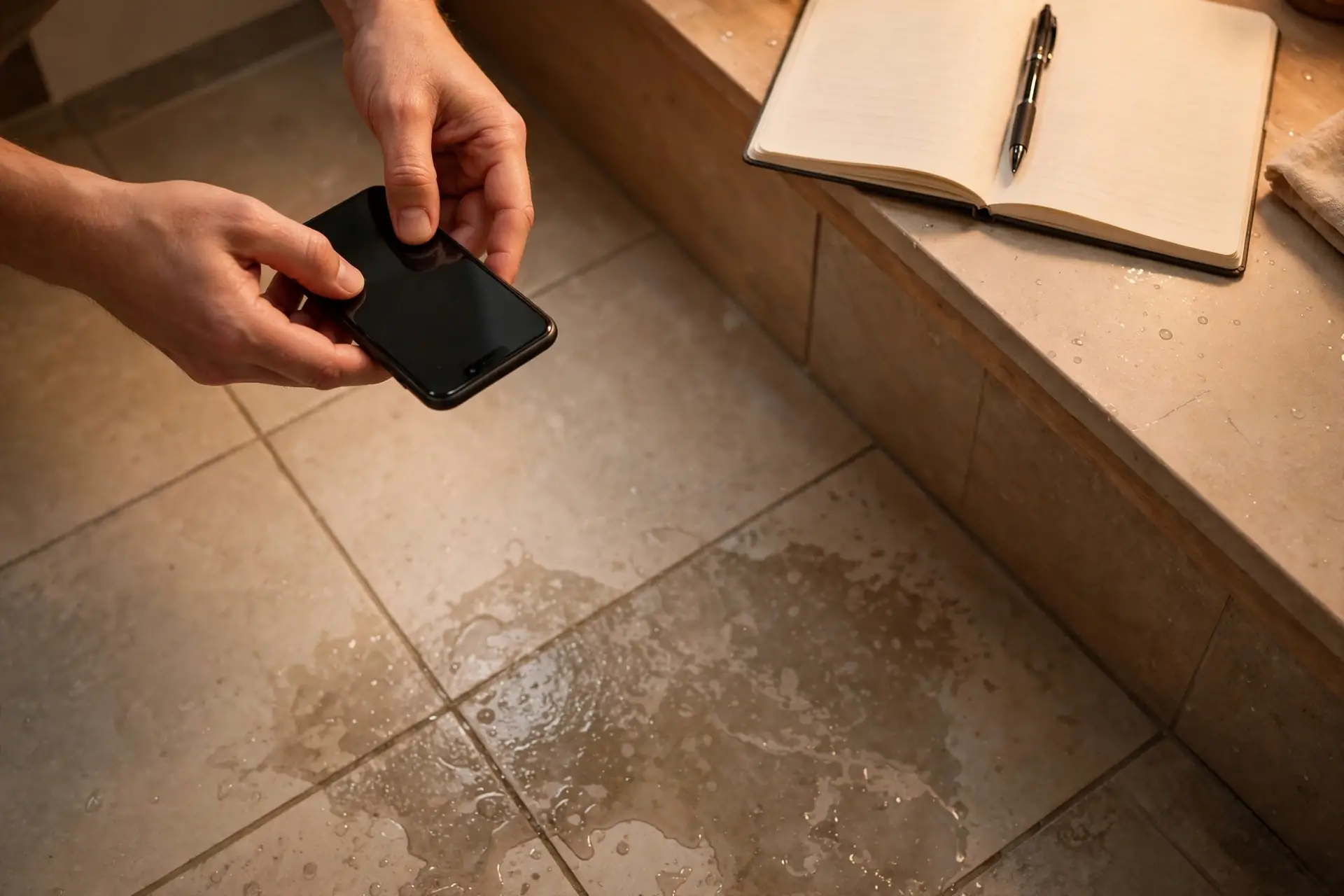 Homeowner photographing water on a tile floor