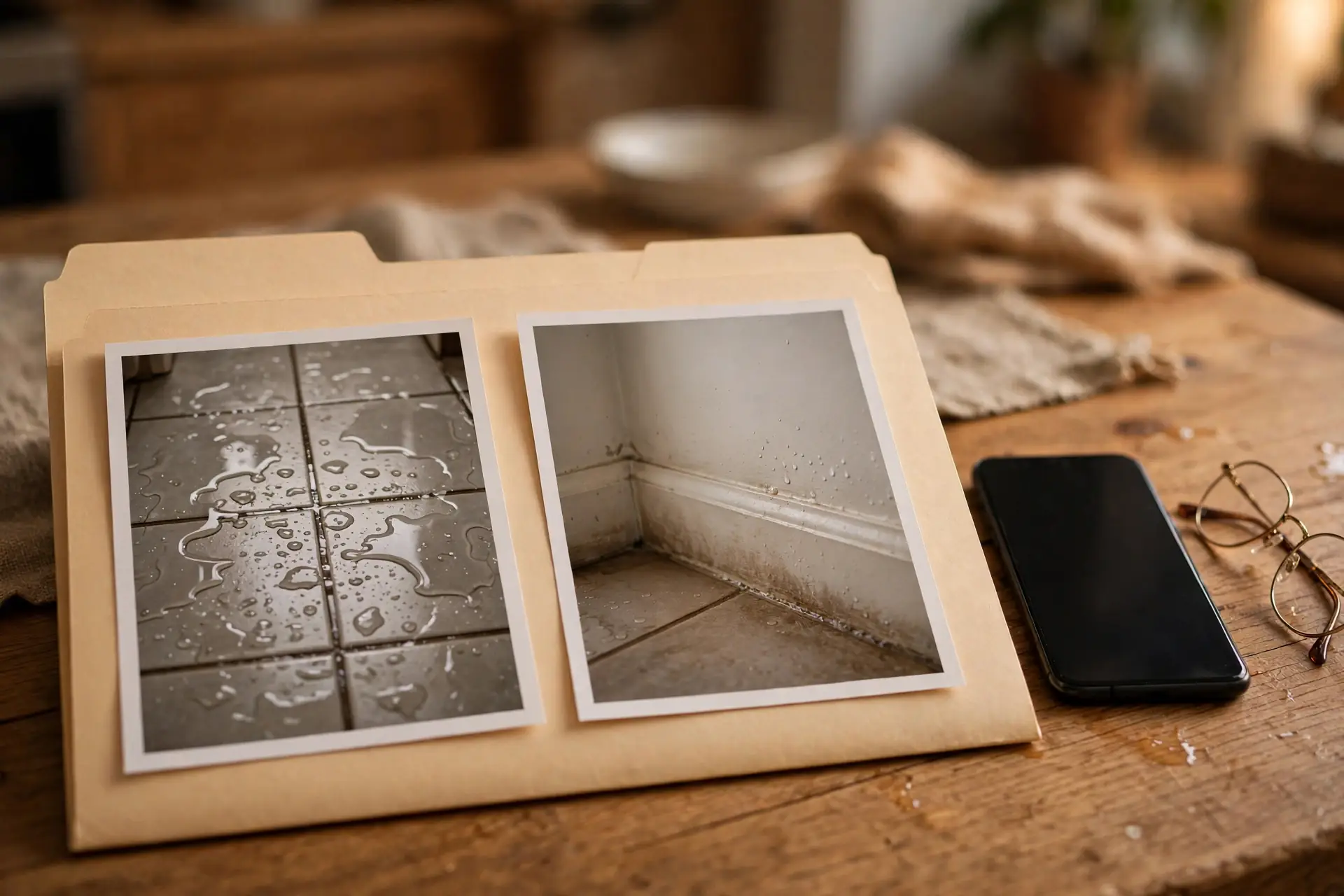 Printed photos of a wet tile floor and a stained baseboard in a folder