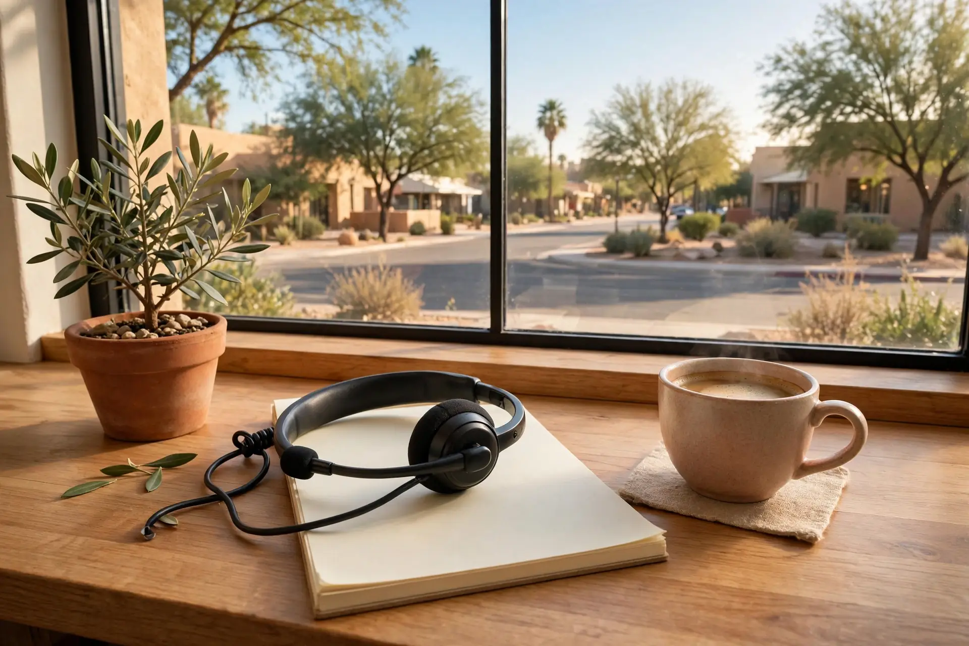 Customer service desk with a headset by a window