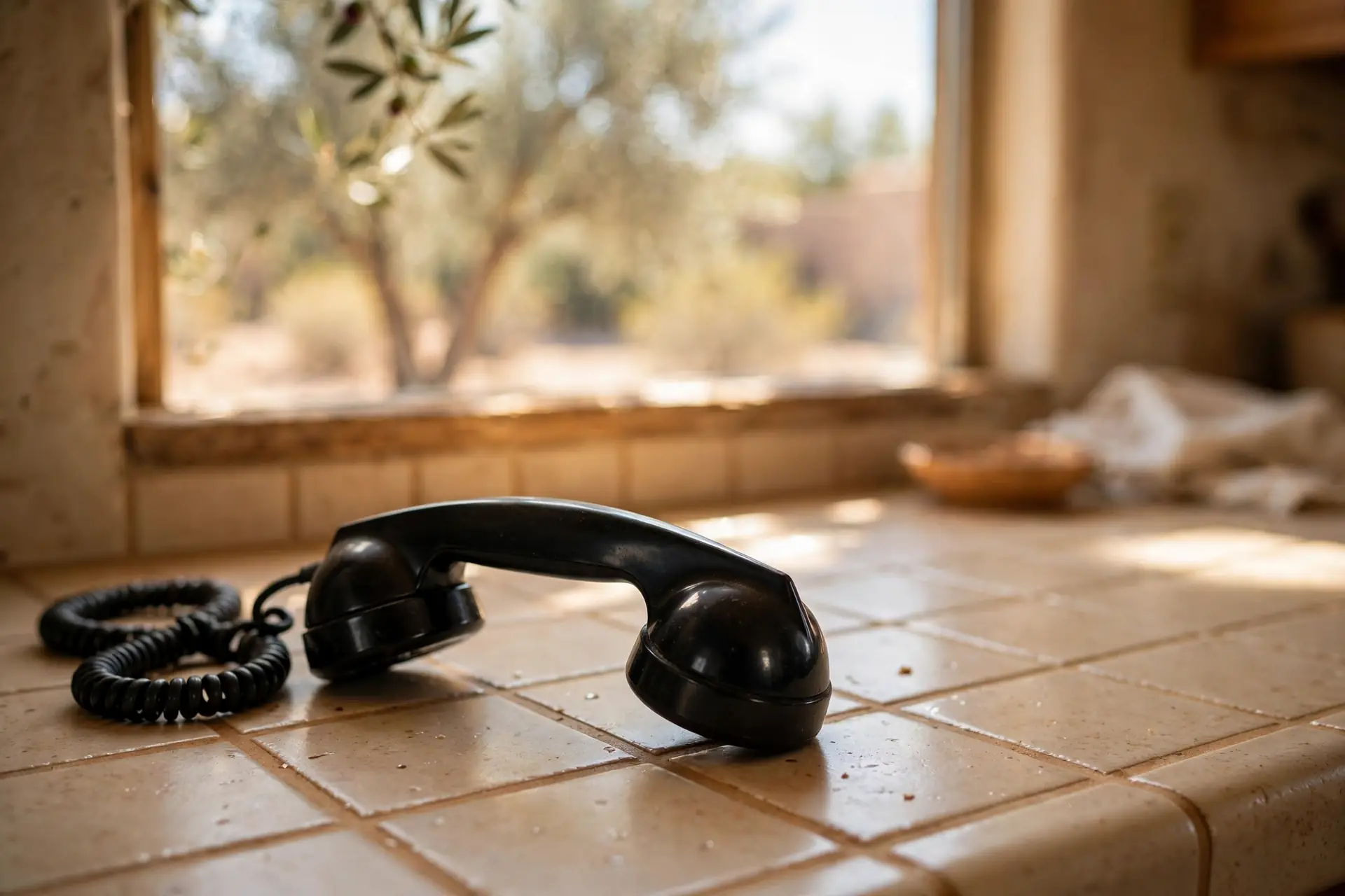 Telephone handset on a tiled kitchen counter