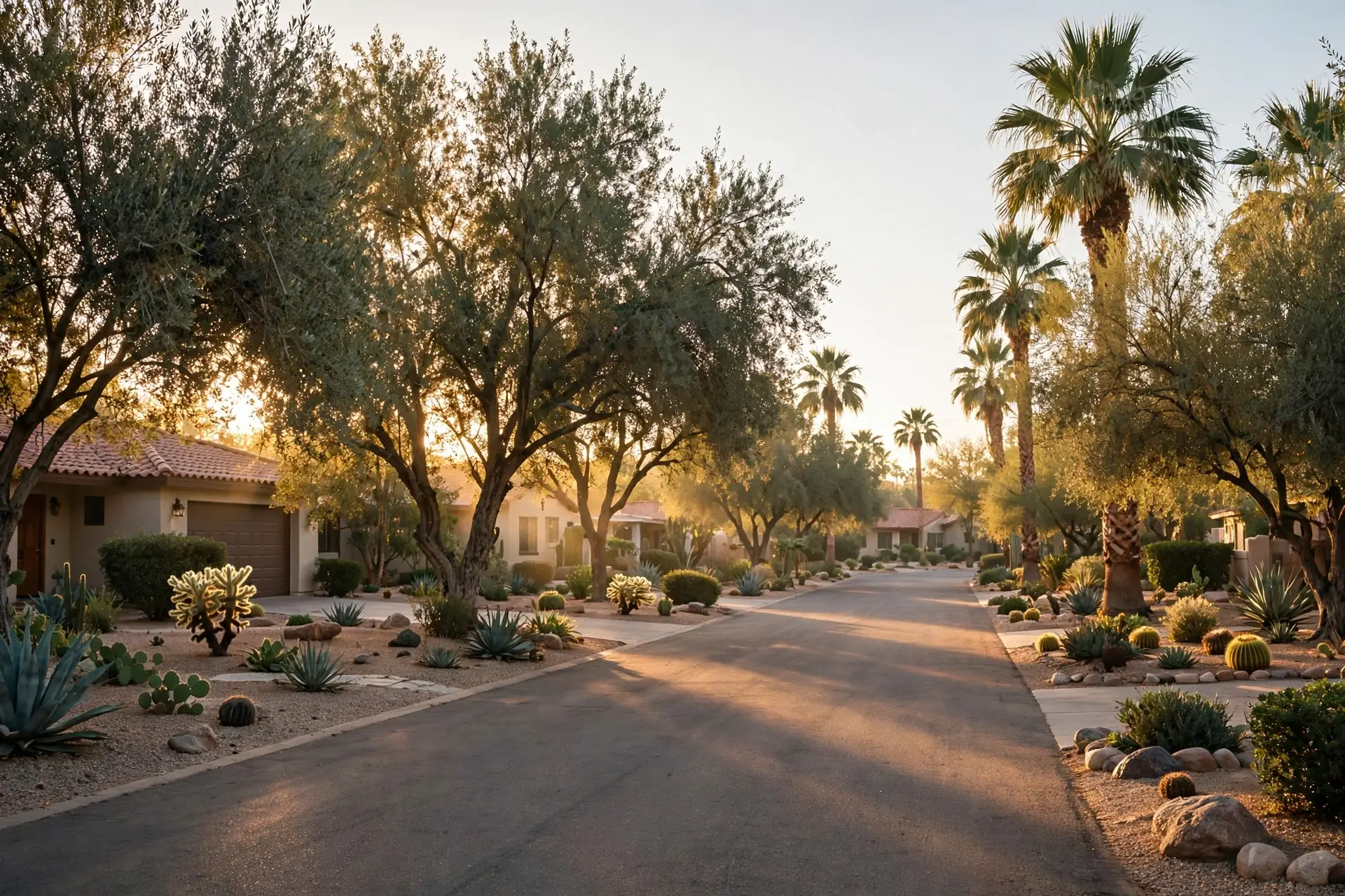 Tree-lined street of ranch homes in Litchfield Park, Arizona at sunrise