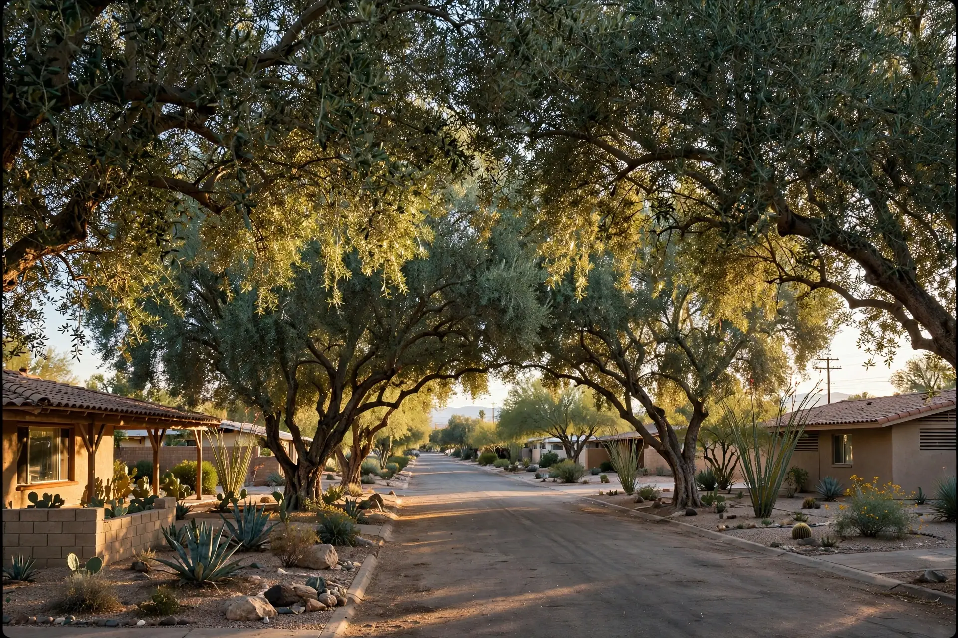 Mature olive trees shading a residential street in Litchfield Park, Arizona