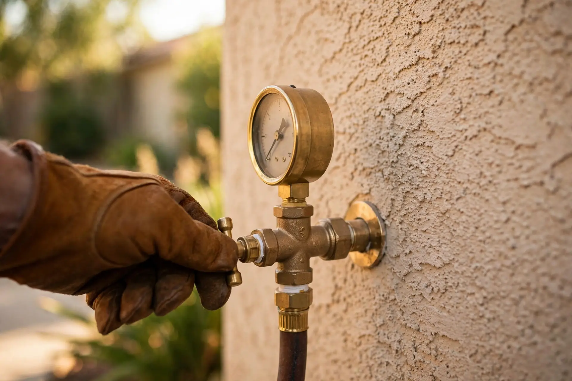 Brass pressure gauge on an outdoor hose bib