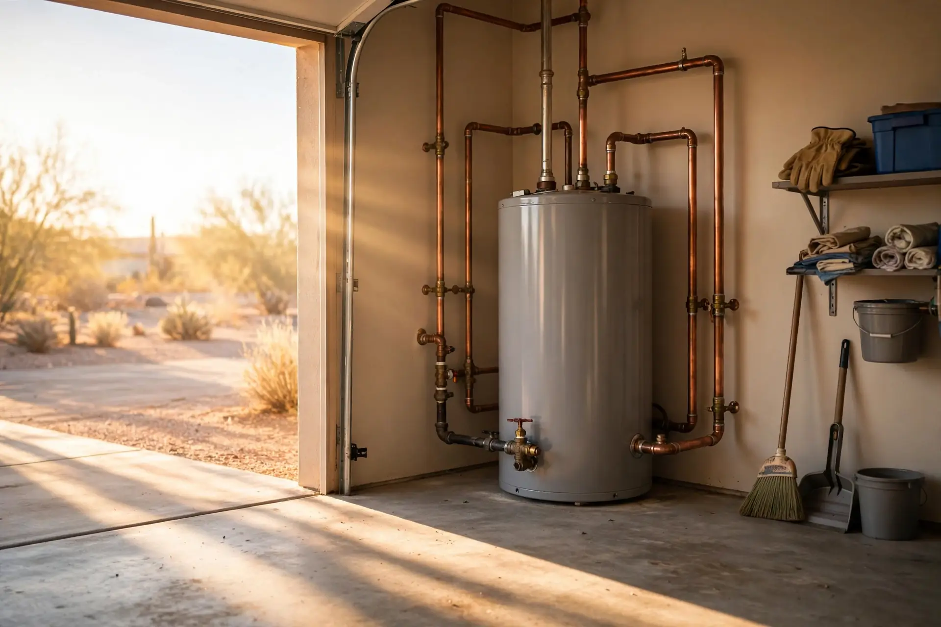 Tank water heater with copper pipes in a garage corner