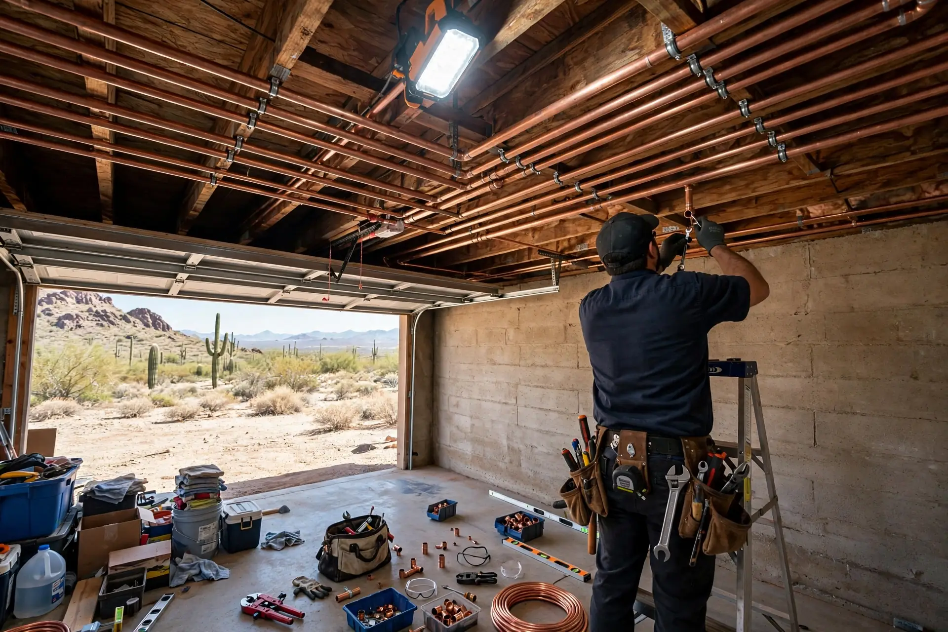 Technician securing new copper water lines along garage ceiling joists