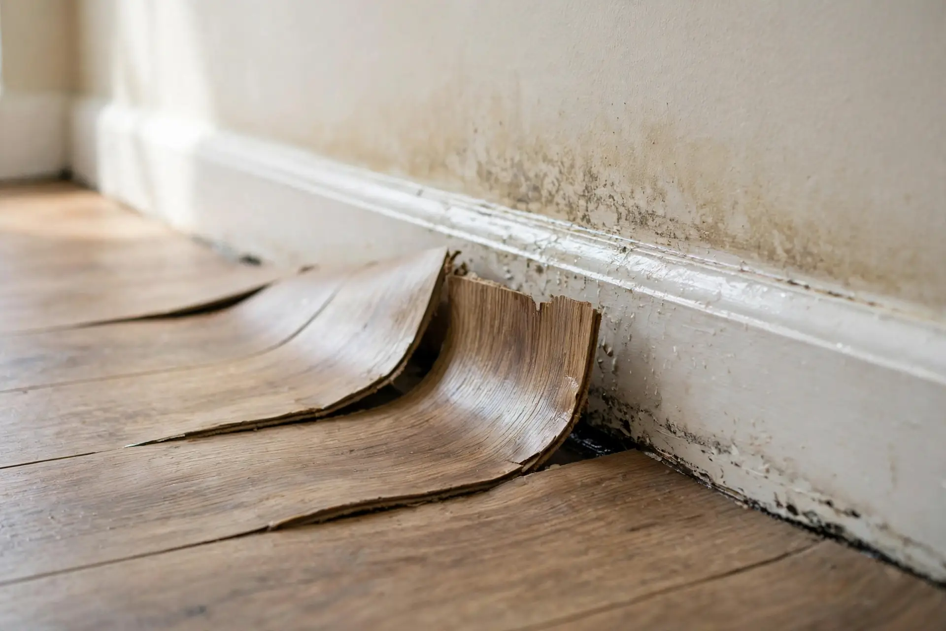 Buckled flooring and a stained baseboard from water damage