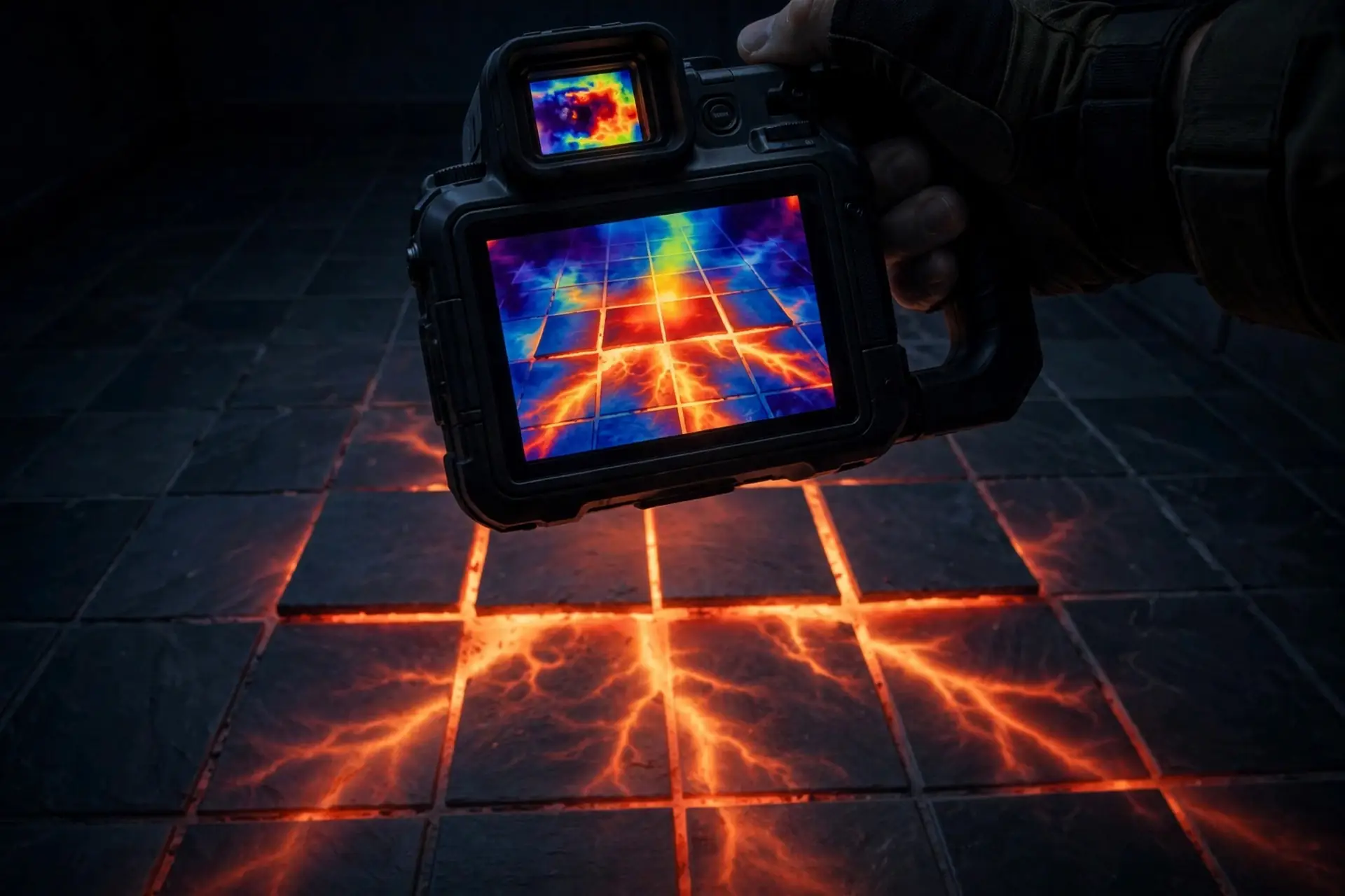 Thermal imaging camera showing a warm leak pattern under floor tile