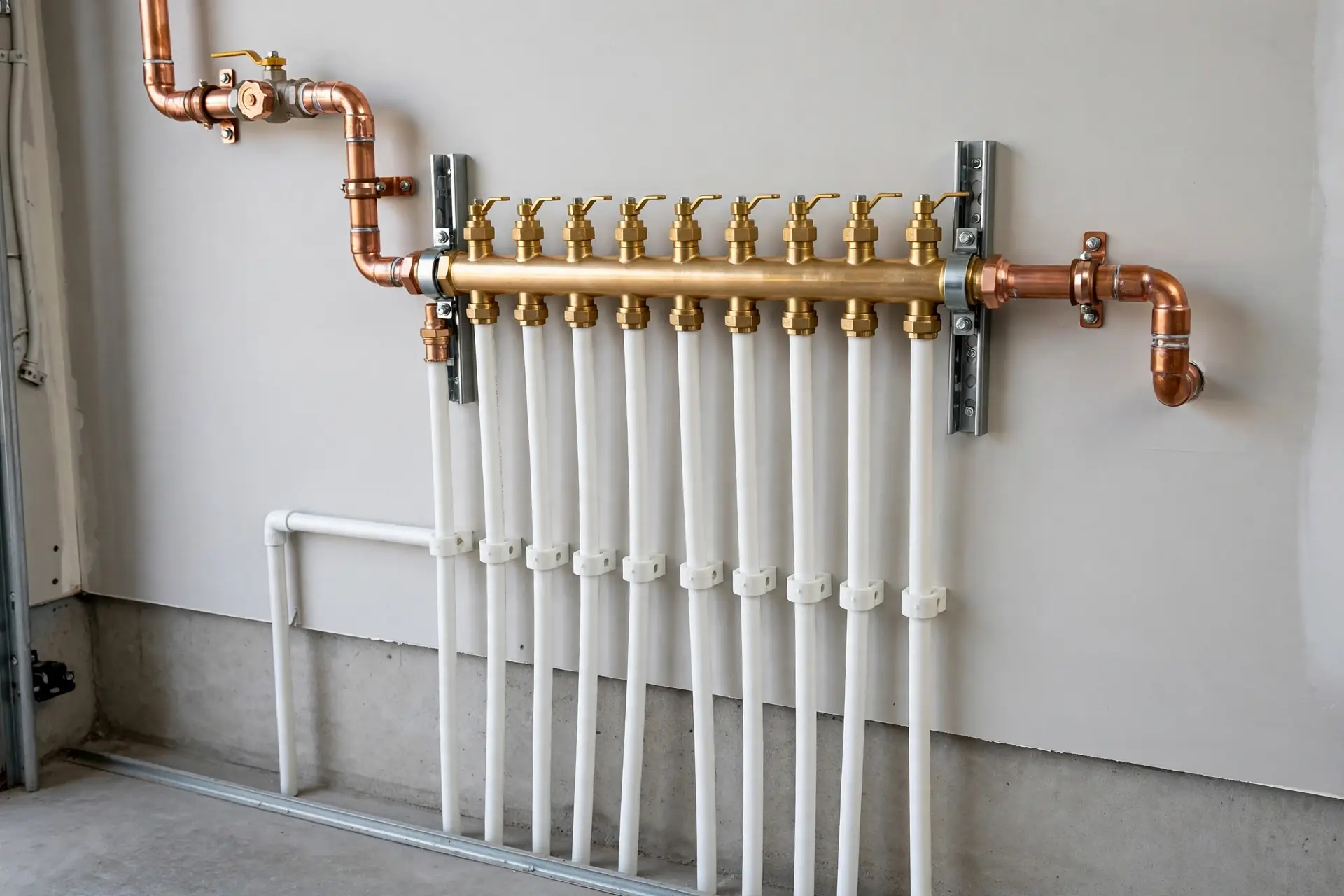 New copper and PEX water manifold mounted on a garage wall in a Litchfield Park home