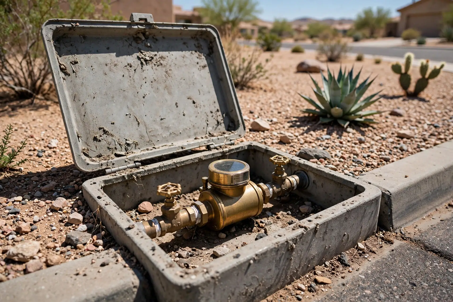 Residential water meter box at the curb of a Litchfield Park home